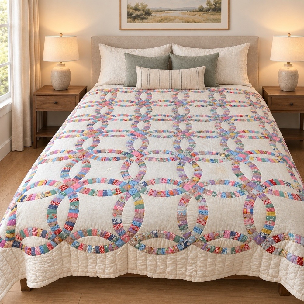 Vintage Hand Stitched Double Wedding Ring Patchwork Quilt Multicolor 82x90"